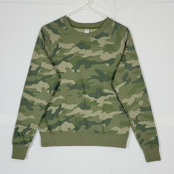 Old Navy Sweatshirt Womens XS Tall Green Camo Crewneck Fleece Lined - Picture 2 of 10